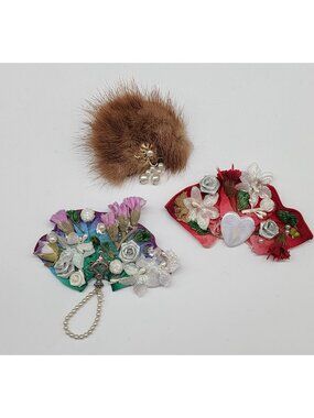 1980s Art Deco Style Brooch Handmade Bead Lace Floral Lot of 3 Madonna Heart VTG